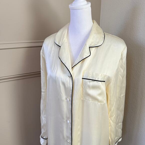Oscar Rossa 100% Silk Ivory Sleep Shirt with Black Piping Size Small - Picture 2 of 4